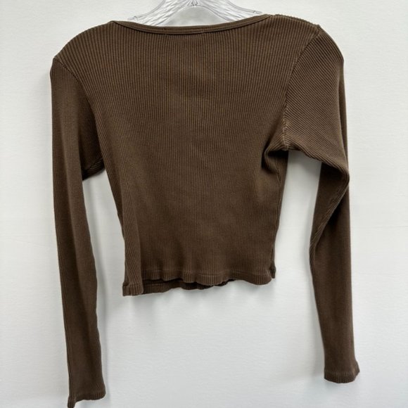 ⛔️SOLD⛔️Brandy Melville Brown Ribbed Long Sleeve 100% Cotton Round Neck Cropped - Picture 7 of 7